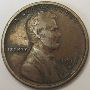 1916 S Lincoln Wheat Cent - antique San Francisco mintmark penny