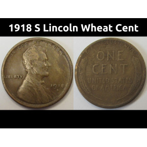 1918 S Lincoln Wheat Cent - antique San Francisco mintmark wheat penny
