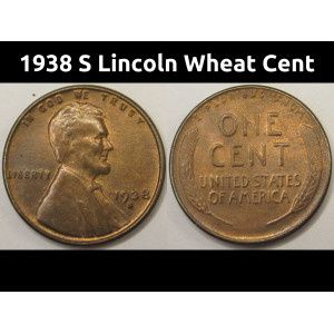 1938 S Lincoln Wheat Cent - antique uncirculated SF mintmark wheat penny