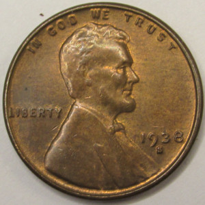 1938 S Lincoln Wheat Cent - antique uncirculated SF mintmark wheat penny