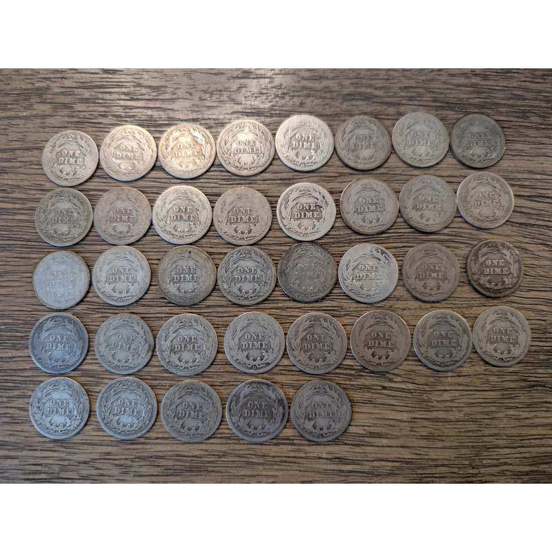 Lot of 37 1900-1916 Barber Silver Dimes - all different dates and mintmarks