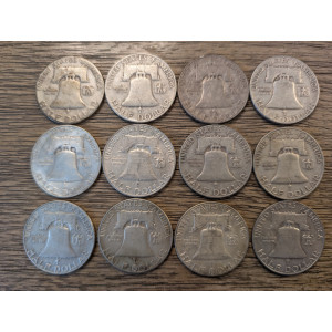Lot of 12 Franklin Half Dollars - 1951-1963 - antique American silver coins