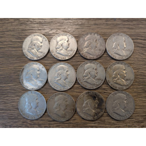 Lot of 12 Franklin Half Dollars - 1951-1963 - antique American silver coins
