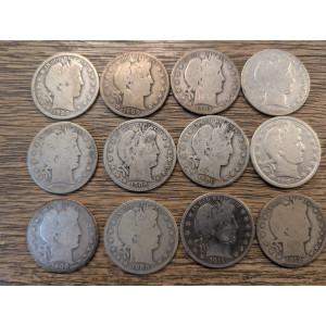 Lot of 12 Barber Half Dollars - 1900-1912 antique American silver coin lot