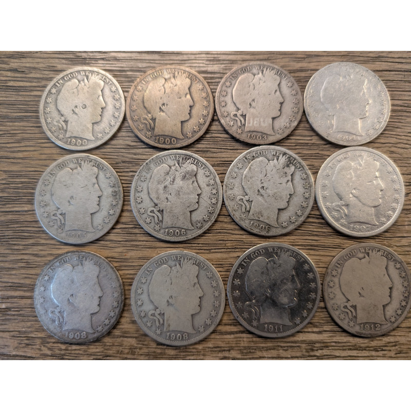 Lot of 12 Barber Half Dollars - 1900-1912 antique American silver coin lot