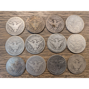 Lot of 12 Barber Half Dollars - 1900-1912 antique American silver coin lot