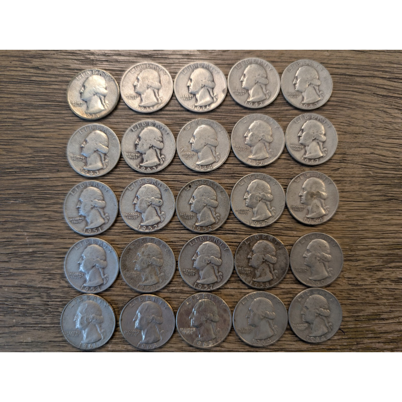 Lot of 25 1935-1964 Washington Quarters - antique silver American coin lot