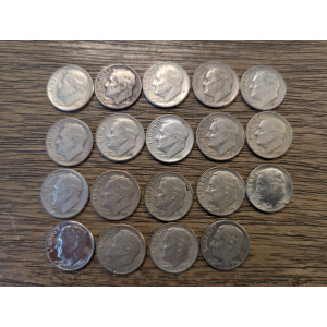 Lot of 19 1946-1964 Roosevelt silver dimes - antique American coin lot