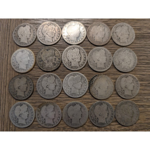 Lot of 20 1901-1916 Barber Quarters - antique American silver coin lot