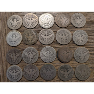 Lot of 20 1901-1916 Barber Quarters - antique American silver coin lot