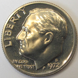 1972 S Roosevelt Dime - vintage American reflective proof coin