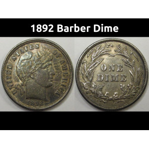 1892 Barber Dime - antique 19th century American silver dime
