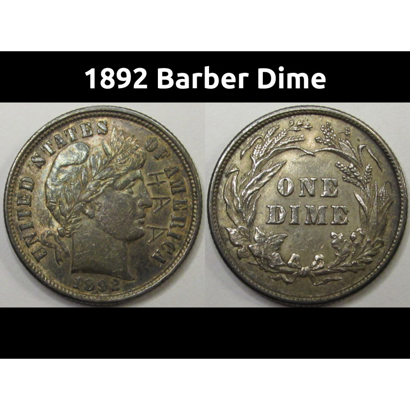 1892 Barber Dime - antique 19th century American silver dime