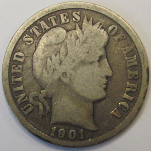 1901 Barber Dime - antique better condition American silver coin