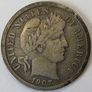1907 Barber Dime - antique better condition American silver dime