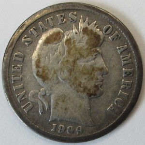 1909 Barber Dime - antique American silver dime coin