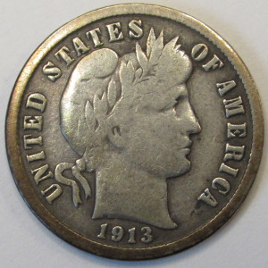 1913 Barber Dime - antique American silver dime
