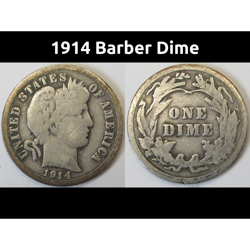 1914 Barber Dime - antique American silver dime