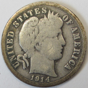 1914 Barber Dime - antique American silver dime