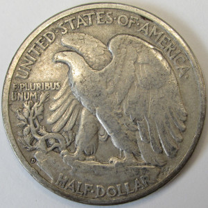 1937 D Walking Liberty Half Dollar - antique Denver mintmark silver coin