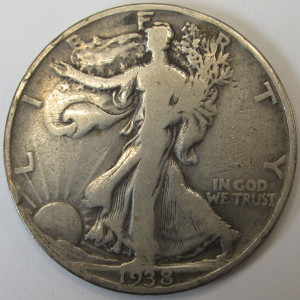 1938 D Walking Liberty Half Dollar - antique semi-key date Denver mintmark coin