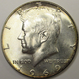 1969 D JFK Half Dollar - antique Denver mintmark 40 percent silver coin