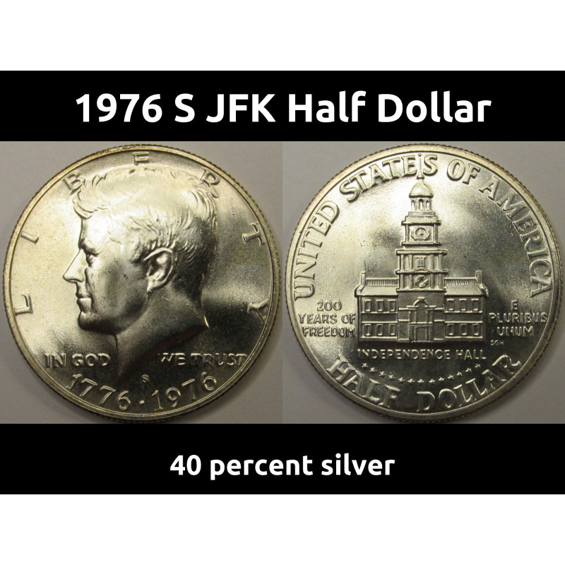 1976 S JFK Half Dollar - 40 percent silver - bicentennial 200 year vintage coin