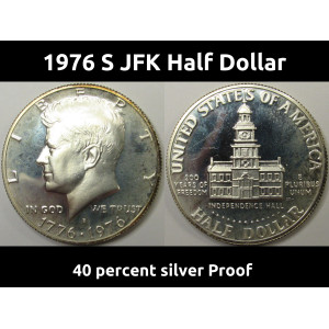 1976 S JFK Half Dollar - 40 percent silver proof - vintage bicentennial coin