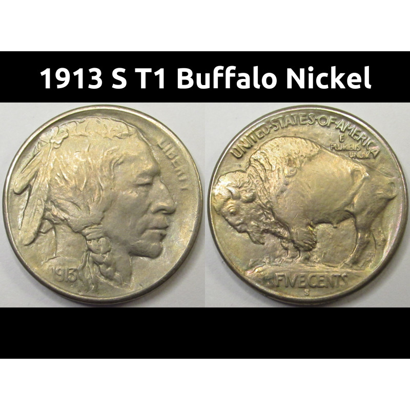 1913 S T1 Buffalo Nickel - San Francisco mintmark raised mound uncirculated classic US coin
