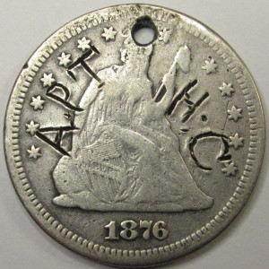 1876 Love Token - Seated Liberty Quarter - APT HC - antique ex jewelry