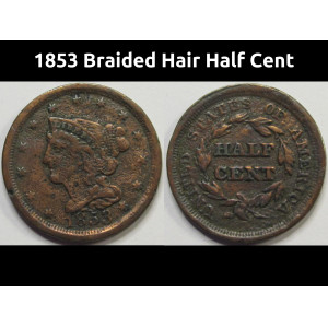 1853 Braided Hair Half Cent - antique American copper half penny