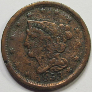 1853 Braided Hair Half Cent - antique American copper half penny
