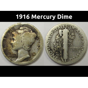 1916 Mercury Dime - antique first year of issue American silver dime