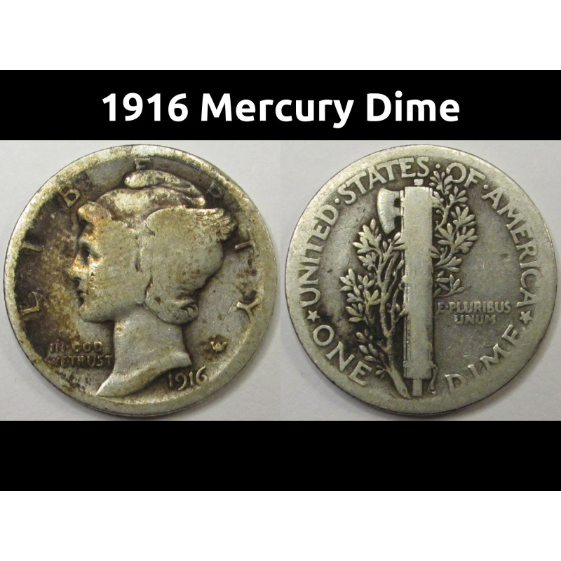 1916 Mercury Dime - antique first year of issue American silver dime