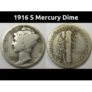 1916 S Mercury Dime - antique San Francisco mintmark American silver coin