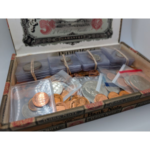 Lot of 130+ vintage 1960-2000s mint and proof coins in vintage Bank Note cigar box