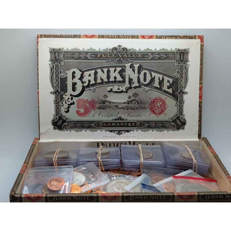 Lot of 130+ vintage 1960-2000s mint and proof coins in vintage Bank Note cigar box