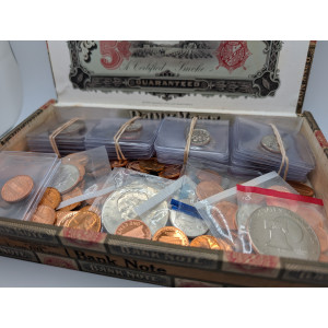 Lot of 130+ vintage 1960-2000s mint and proof coins in vintage Bank Note cigar box
