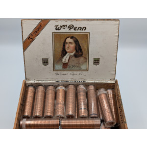 Lot of 2900 uncirculated copper Lincoln Memorial Cents - 1960-1964 rolls in vintage Wm Penn cigar box