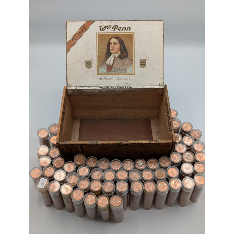 Lot of 2900 uncirculated copper Lincoln Memorial Cents - 1960-1964 rolls in vintage Wm Penn cigar box