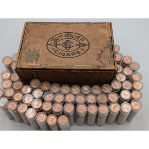 Lot of 2900 uncirculated copper Lincoln Memorial Cents - 1960-1964 rolls in vintage Wm Penn cigar box