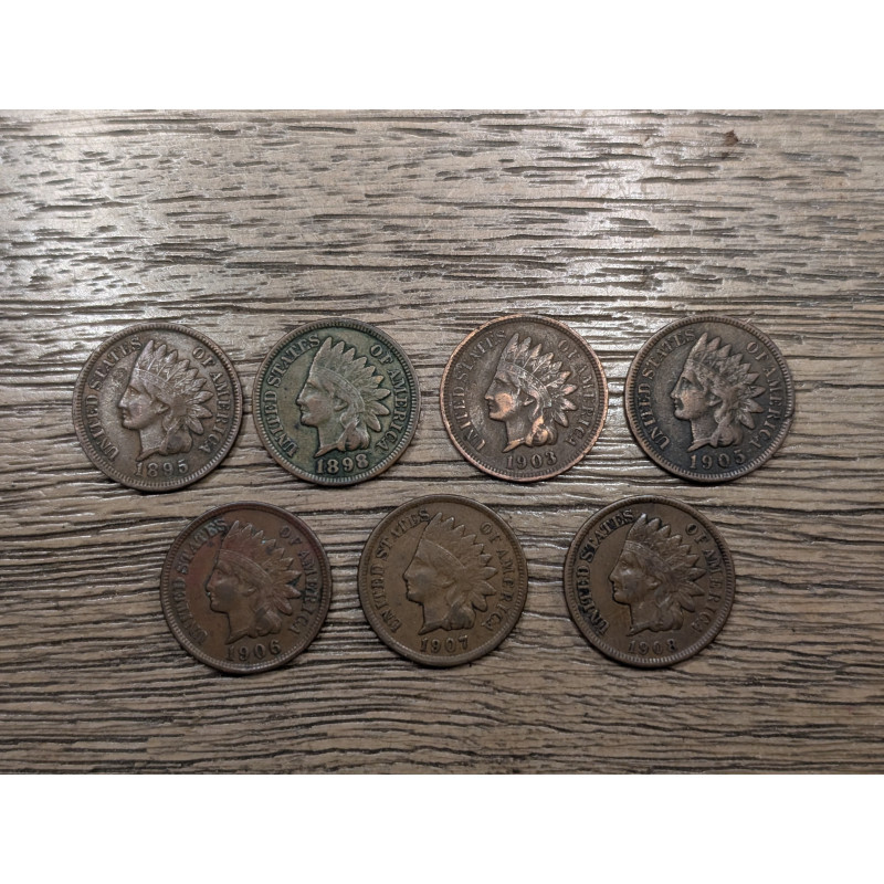 Lot of 7 higher grade Indian Head Cents - 1895-1908 - full Liberty