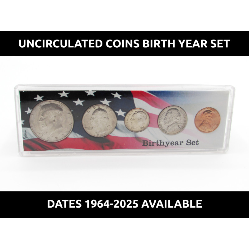 Birth Year Coins Gift Set in plastic display case - choose date 1964-2026 - uncirculated mint set