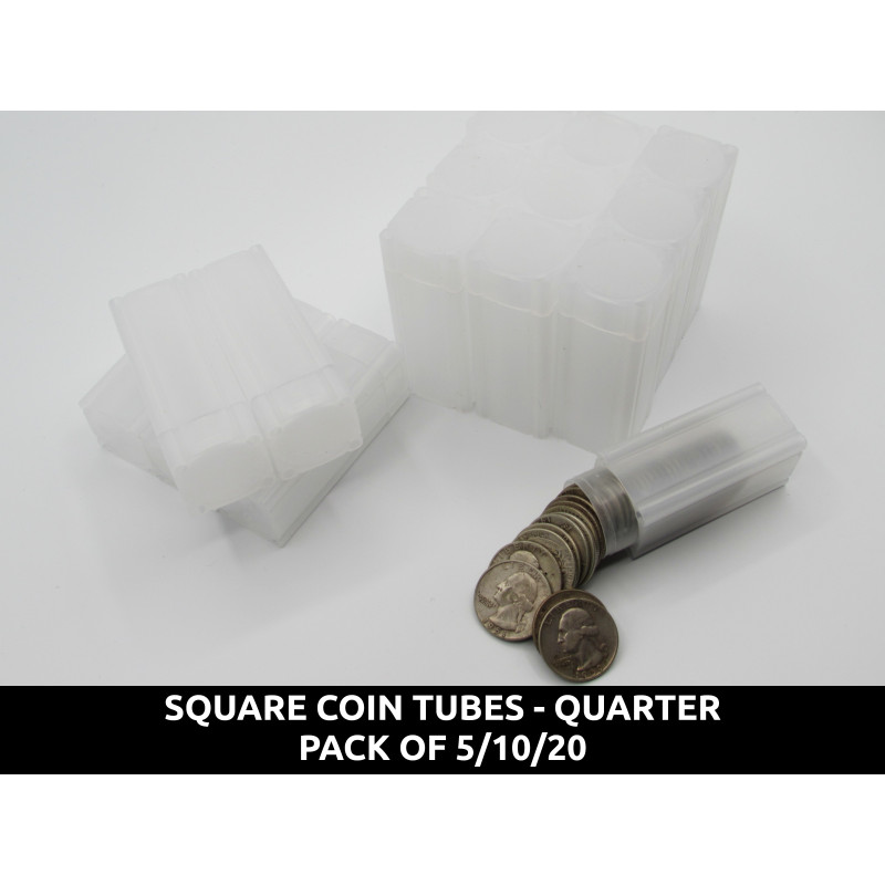 Square Quarter Coin Tubes - Pack of 5 / 10 / 20 - archival quality plastic