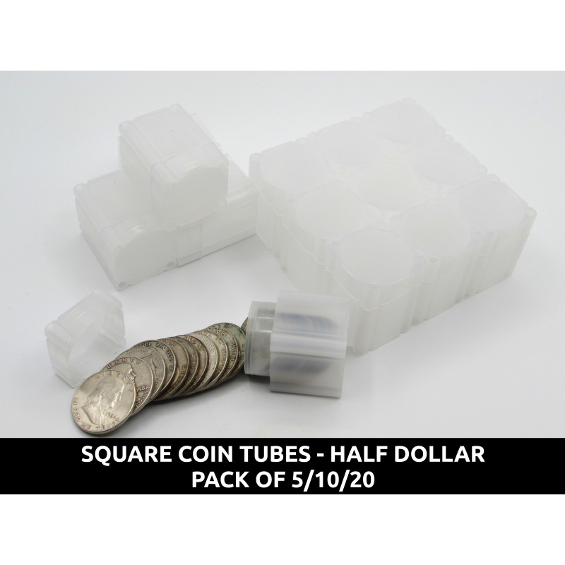 Square Half Dollar Coin Tubes - Pack of 5 / 10 / 20 - archival quality plastic
