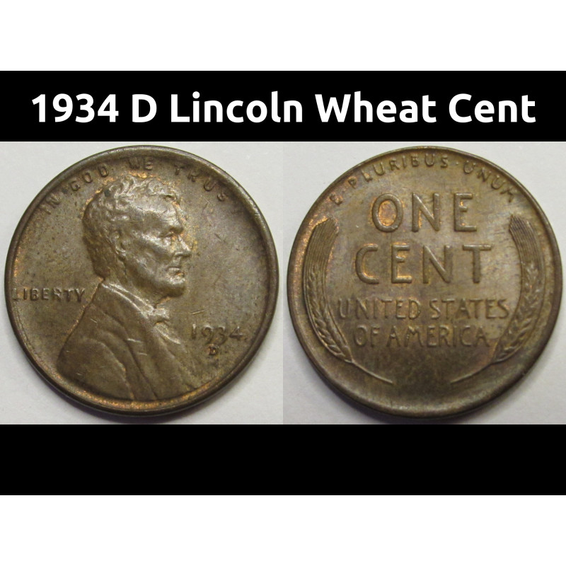 1934 D Lincoln Wheat Cent - antique Denver mintmark Great Depression era penny