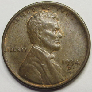 1934 D Lincoln Wheat Cent - antique Denver mintmark Great Depression era penny