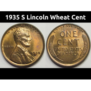1935 S Lincoln Wheat Cent - antique uncirculated American wheat penny