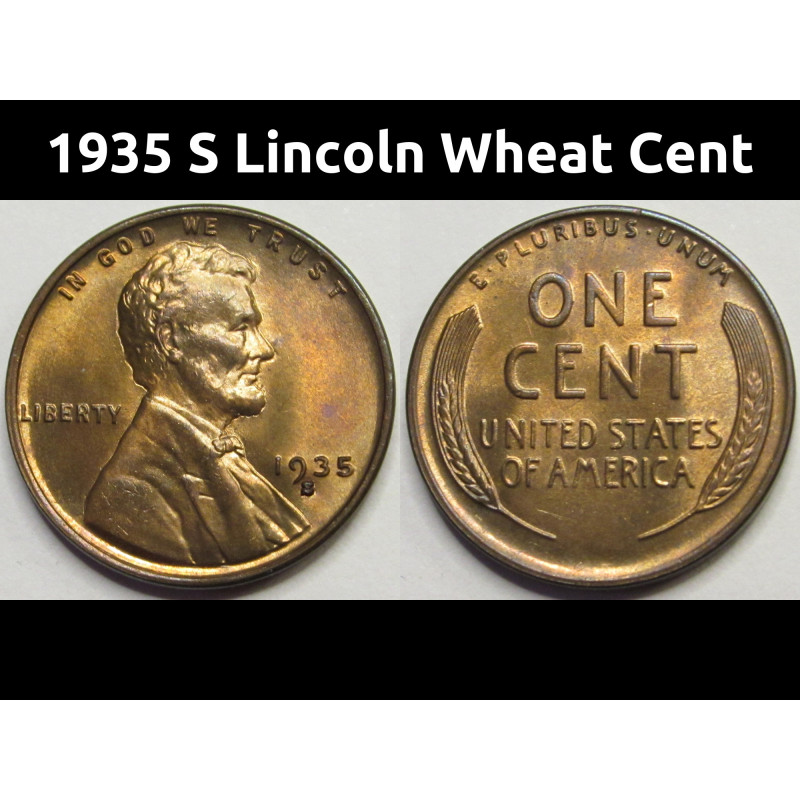 1935 S Lincoln Wheat Cent - antique uncirculated American wheat penny