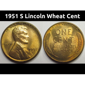 1951 S Lincoln Wheat Cent - antique San Francisco mintmark wheat penny